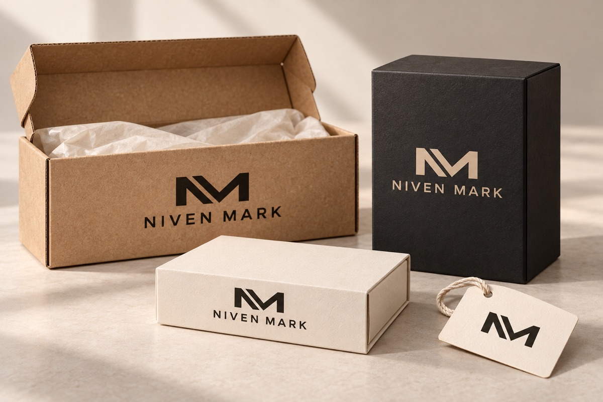 Sistema de empaque de Niven Mark: caja de envío kraft abierta con papel de seda, cartón rígido carbón con el logotipo en champaña, estuche crema y etiqueta colgante con el monograma, sobre una superficie clara.